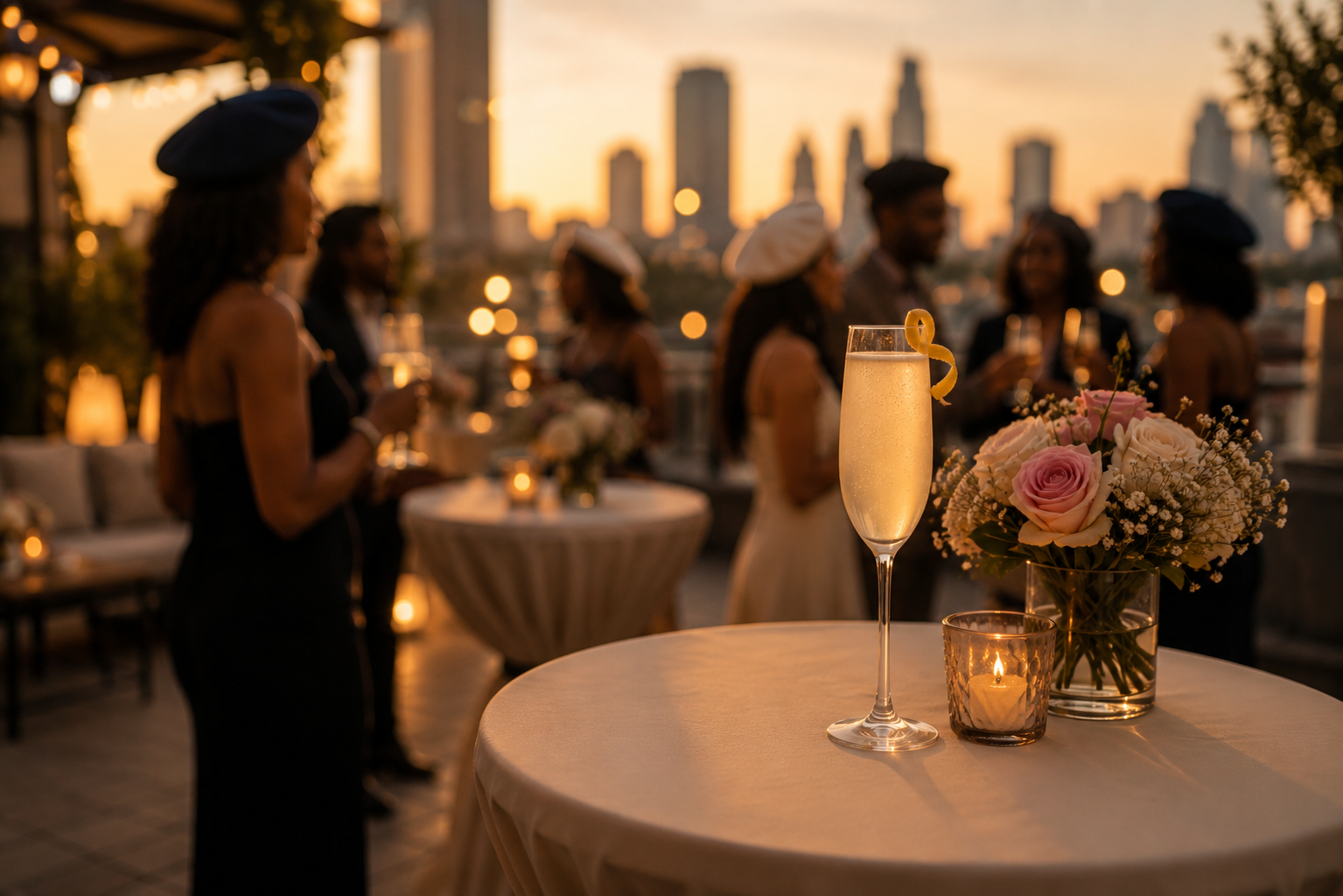 Rooftop welcome table at dusk with hors d'oeuvres