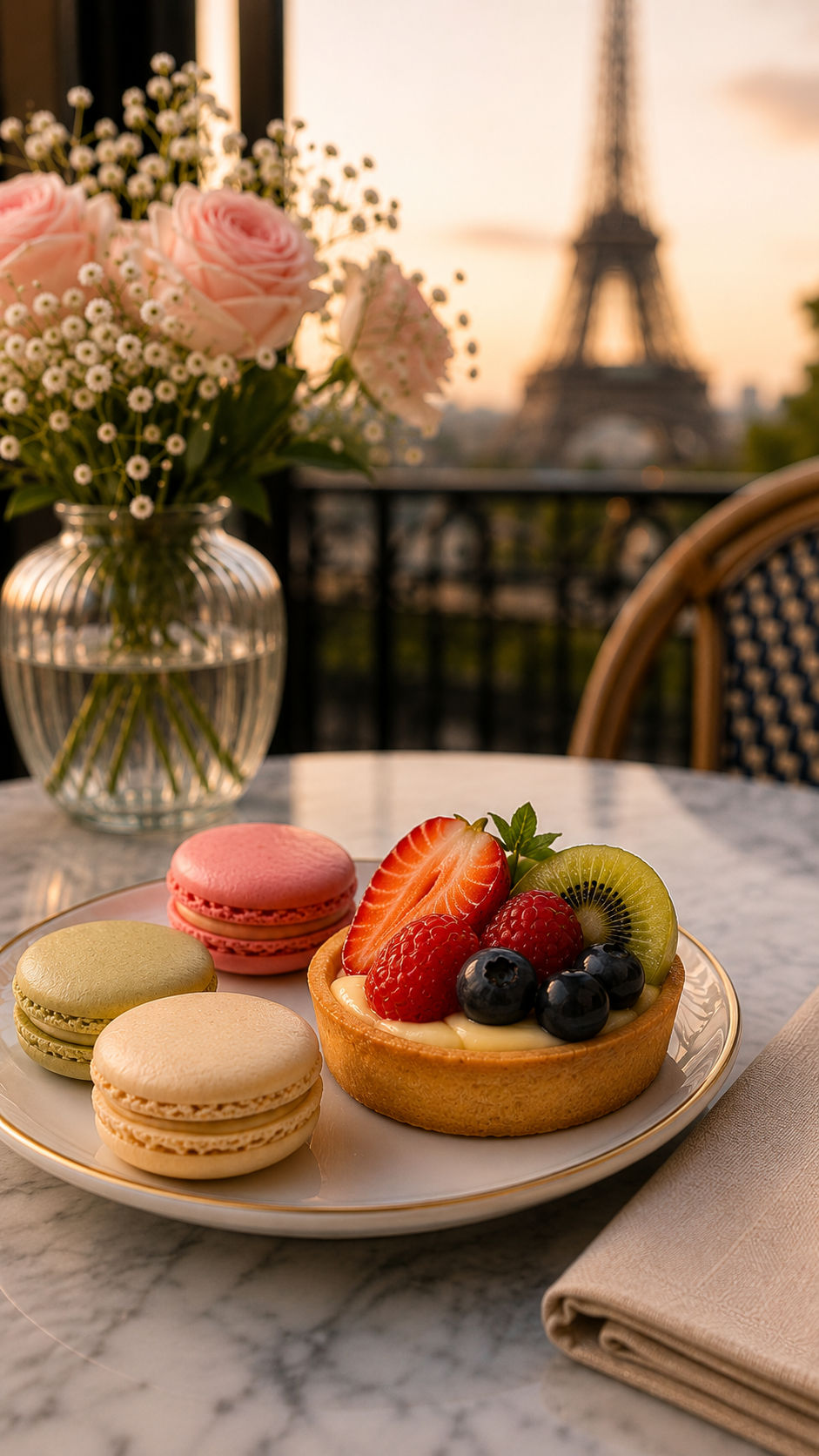 Paris inspired macarons and fruit tart at golden hour