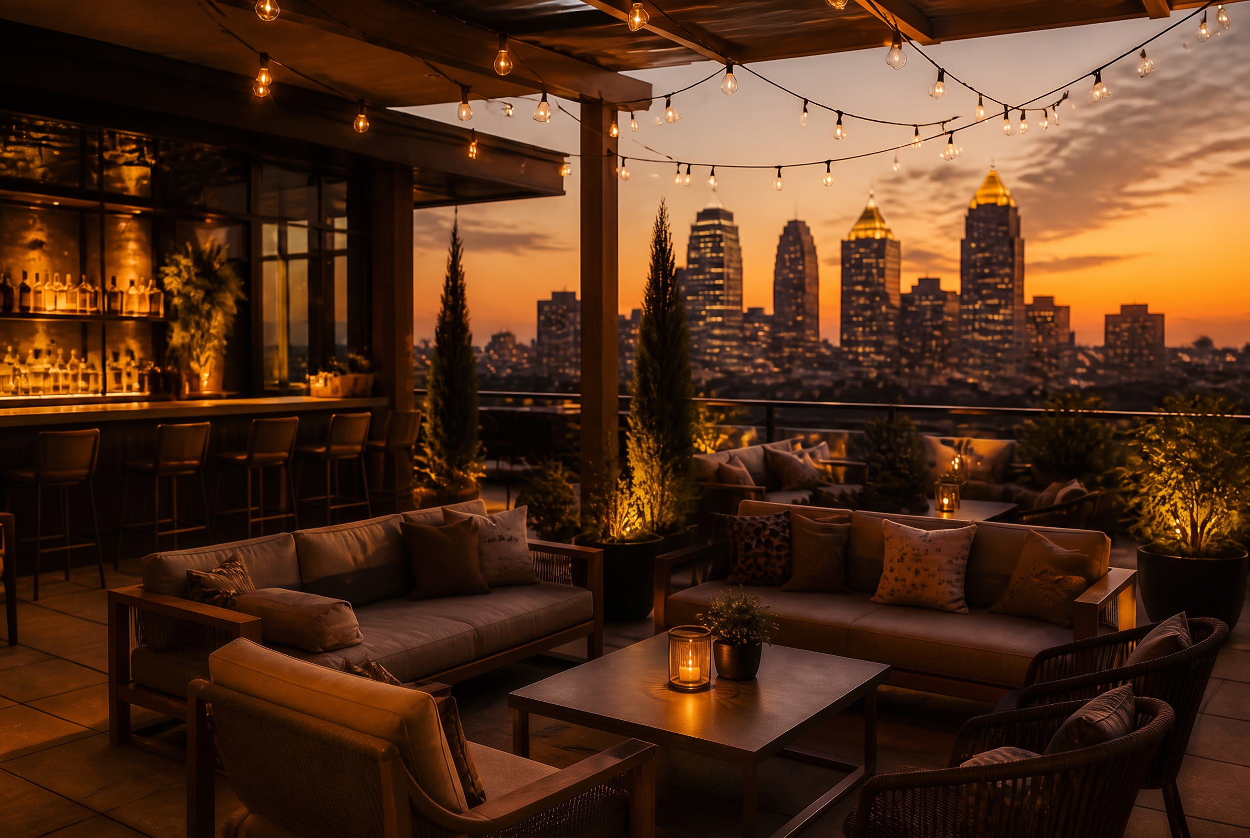 Golden-hour rooftop at dusk in Buckhead